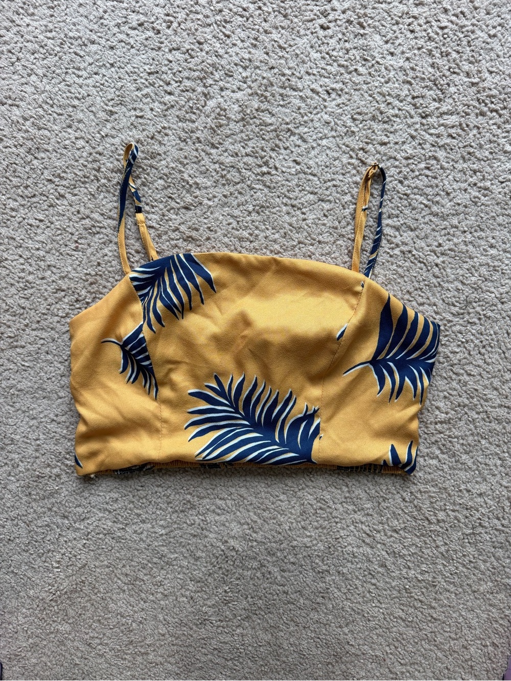 Forever 21 Yellow Crop Tank with Navy Tropical Leaf Print